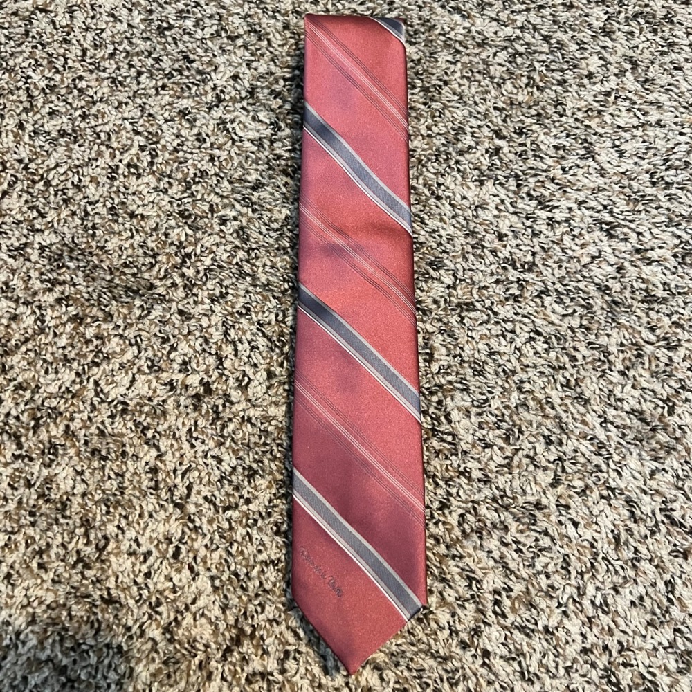 Oscar de la Renta Mens Tie Dusty Rose Pink Grey Striped Silk Blend Designer